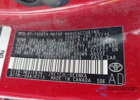 2015 Toyota Corolla Le z USA, uszkodzony, nr VIN 2T1BURHE9FC339954